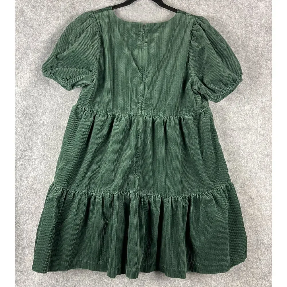 Madewell Corduroy Aidy Dress Womens 10 Green Square Neck Tiered Babydoll Holiday - Picture 10 of 14